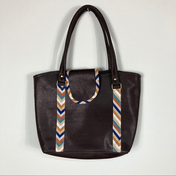 Brown Faux Leather Side Tote Purse w/ Colorful Detailing - Picture 3 of 12